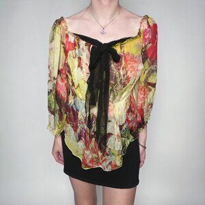 Jean Paul Gaultier Acid Floral Mesh Tie Peasant Blouse